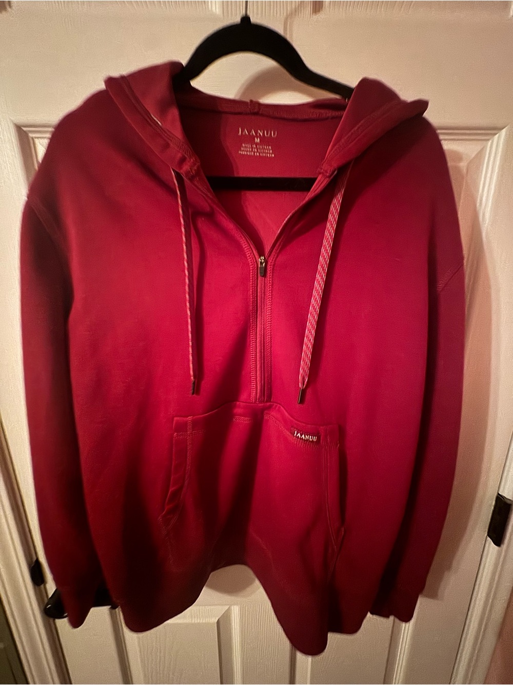 Jaanuu womans Half-Zip Hoodie in Deep Red/ Maroon Burgundy